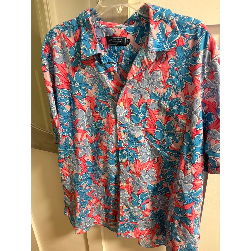 Vineyard Vines Mens XXL Pink Blue Floral Hibiscus Short Sleeve Button Down Shirt